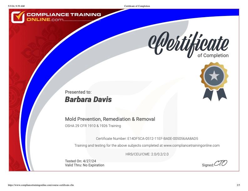 Mold Prevention, Remediation, and Removal Certification.